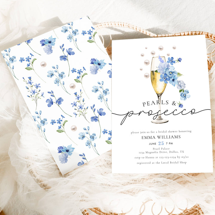 DUSTY BLUE PEARLS & PROSECCO Bridal Shower Invitation